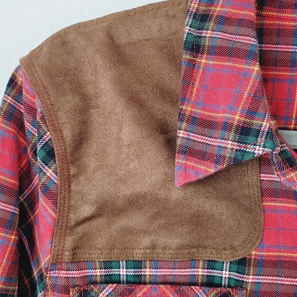 Eddie Bauer Sz XL Button Up Shirt Red Plaid Flannel Faux Leather Shoulder Patch - Picture 3 of 6